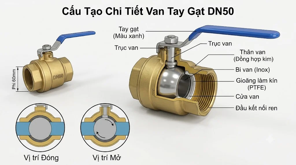 Cấu tạo của van tay gạt DN50