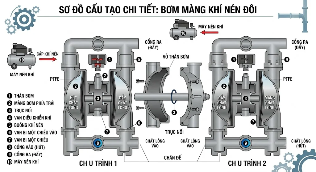 Nguyên lý hoạt động của bơm nước dùng khí nén