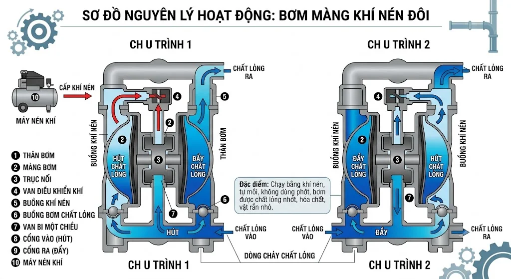 Cấu tạo bơm nước dùng khí nén
