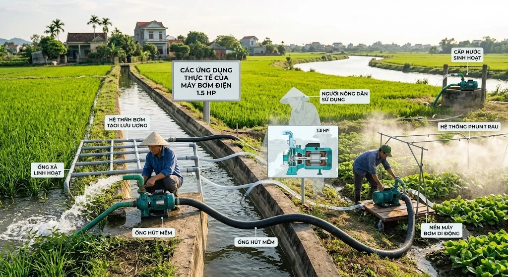 Mô tơ bơm nước 1.5 ngựa dùng cho máy bơm nào?