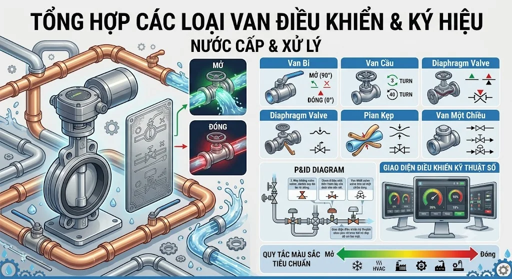 Các Ký hiệu đóng mở van nước phổ biến