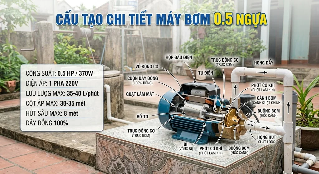 Các loại máy bơm nước 0.5 HP phổ biến