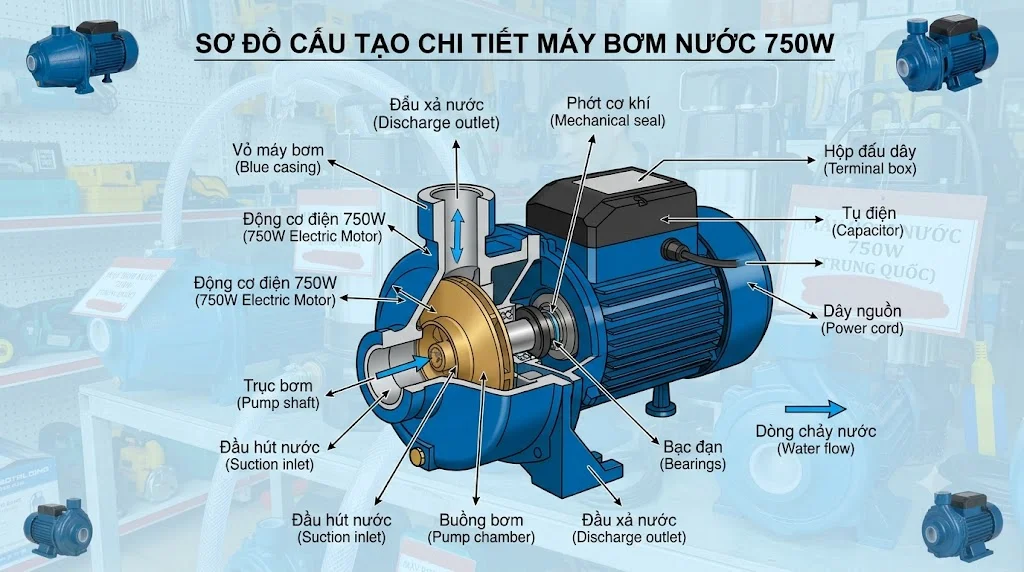 Thông số máy bơm nước 750W Trung Quốc