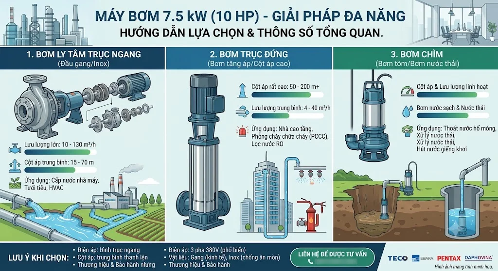 Máy bơm 7.5 kW tương đương bao nhiêu HP?