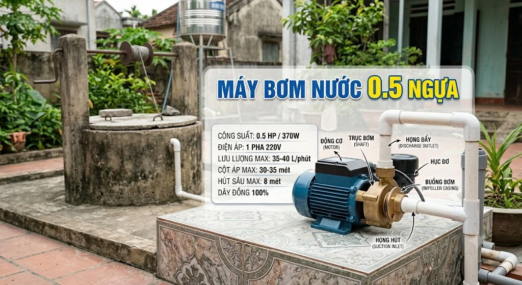 Máy bơm nước 0.5 ngựa bằng bao nhiêu kW?