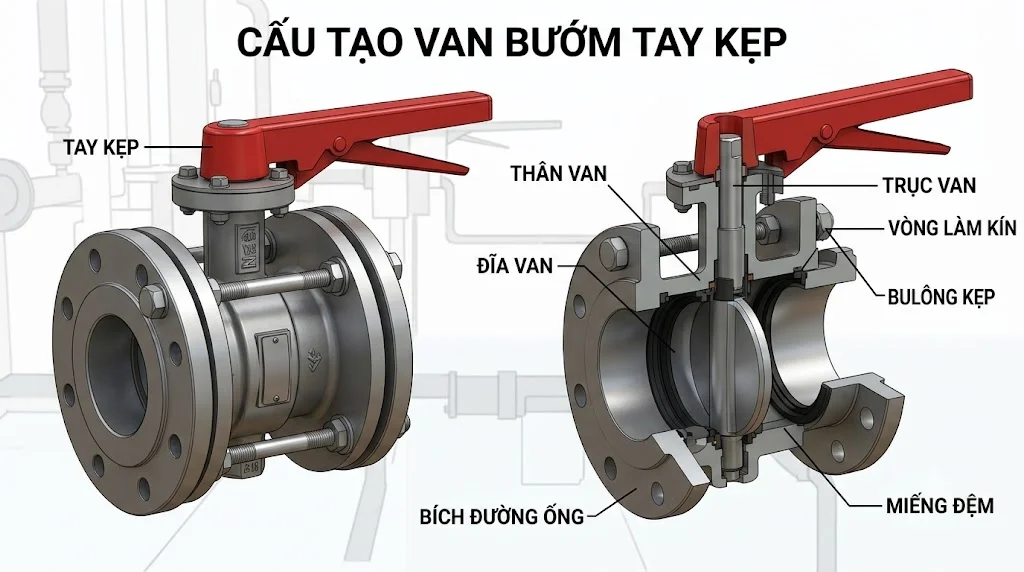 Cấu tạo van bướm tay kẹp