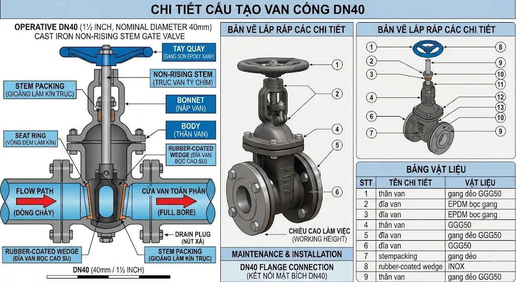 Cấu tạo Van cổng DN 40
