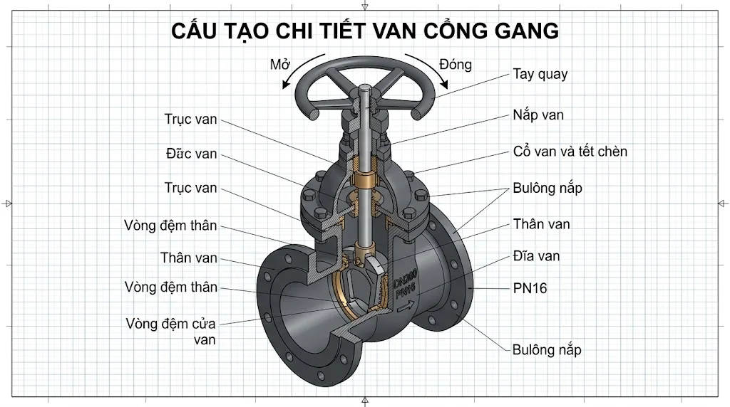 Cấu tạo Van cổng gang
