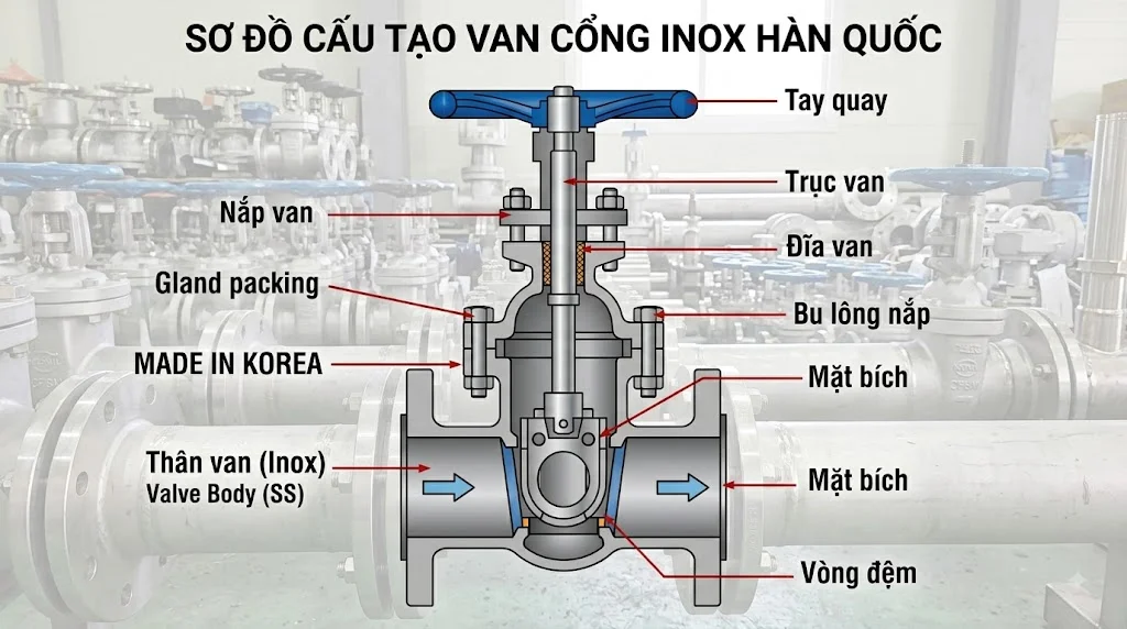 Cấu tạo Van cổng ty nổi Hàn Quốc