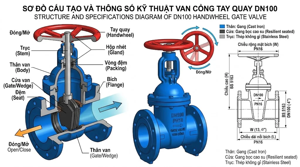 Cấu tạo của Van cổng tay quay DN 100