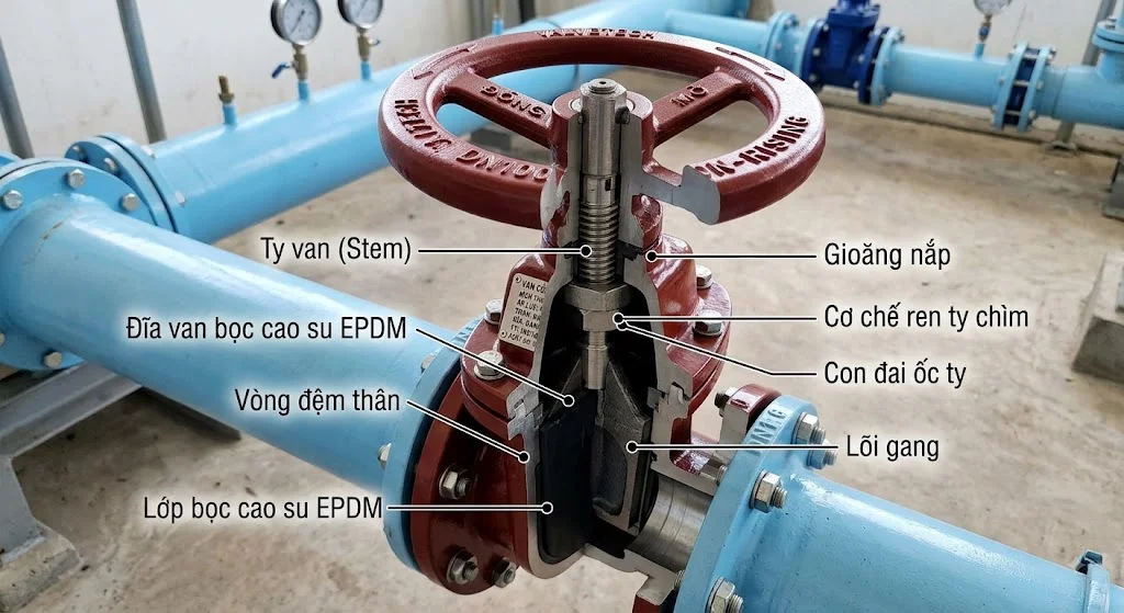 Van cổng ty chìm DN 100 có cấu tạo như thế nào?