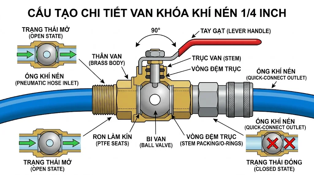 Nguyên lý hoạt động của van khóa khí nén 1/4