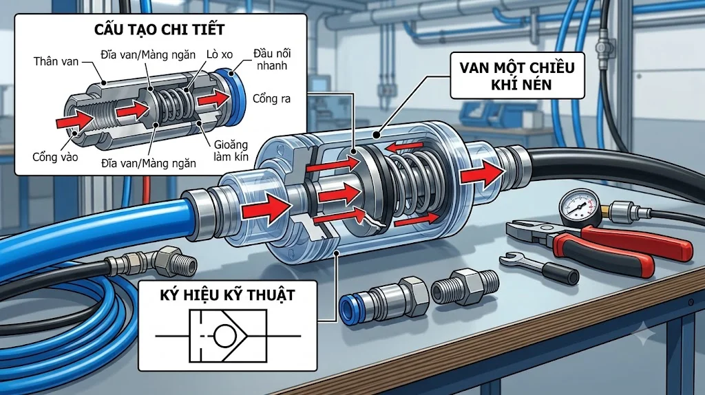 Nguyên lý hoạt động của Van một chiều khí nén