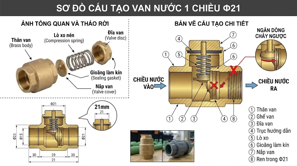 Cấu tạo của Van nước 1 chiều phi 21