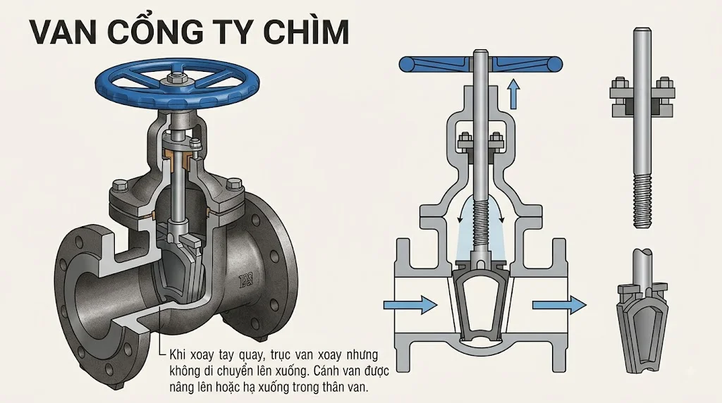 Cấu tạo Van cổng ty chìm