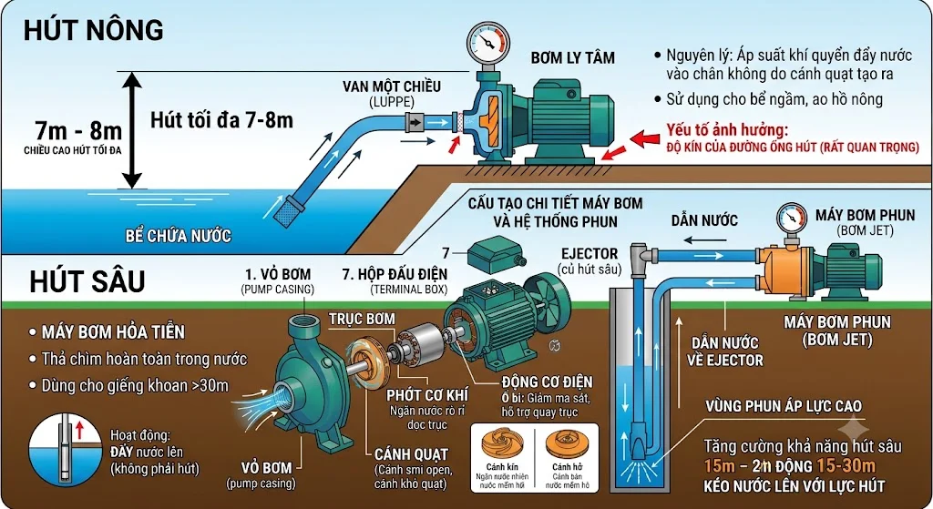 Độ sâu hút của bơm tối đa bao nhiêu mét?