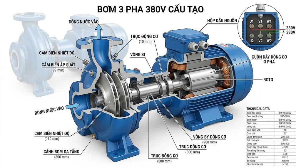 Cấu tạo của bơm 3 pha 380V