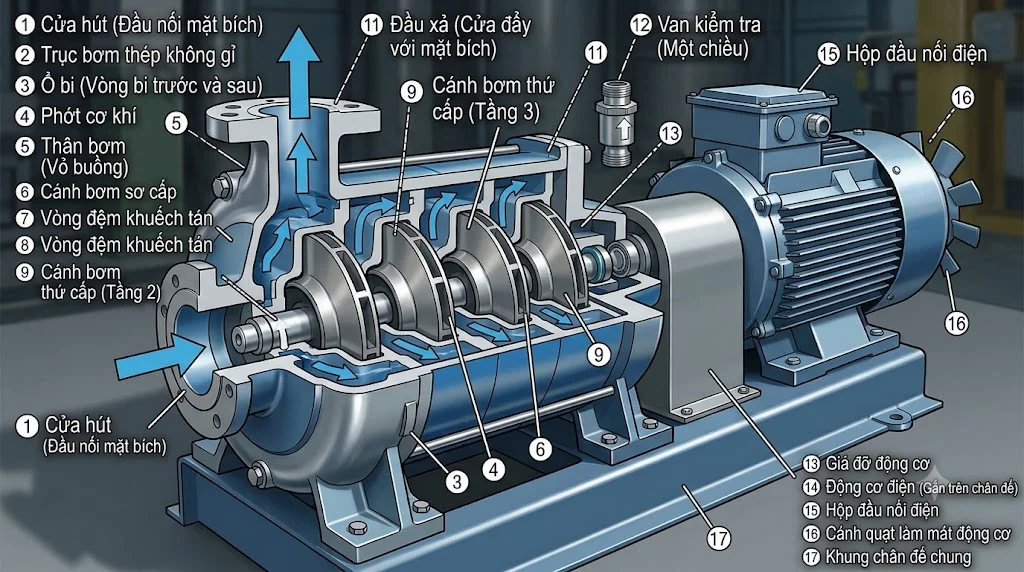 Cấu tạo của bơm nước đa tầng cánh