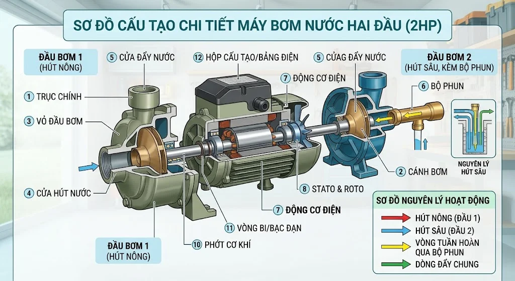 Cấu tạo cơ bản của Máy bơm nước hai đầu