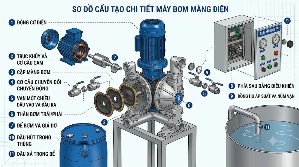 Cấu tạo của máy bơm màng chạy điện
