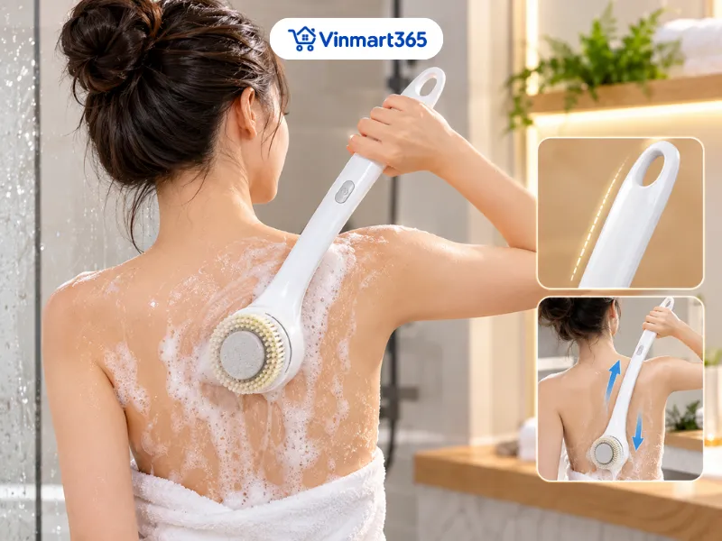 Thiết kế cán dài giúp tự làm sạch vùng lưng dễ hơn