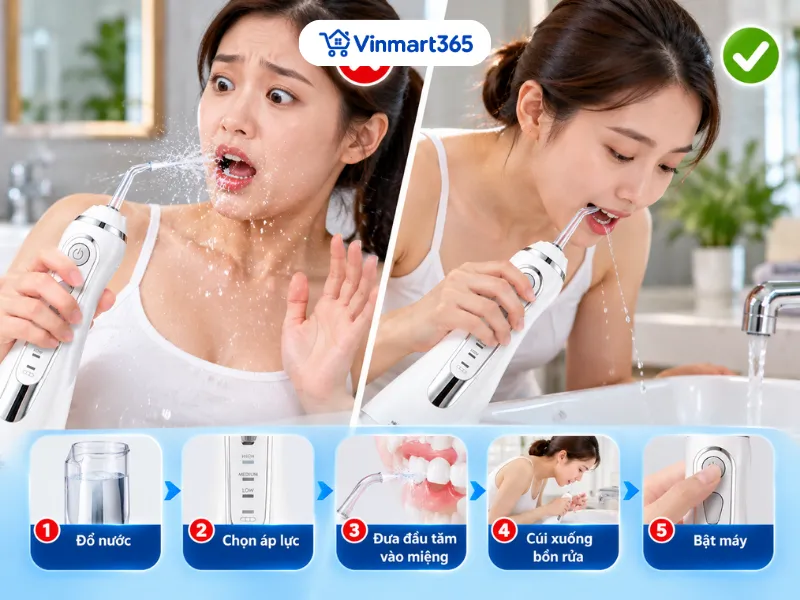 Bật máy trước khi đưa đầu tăm vào miệng