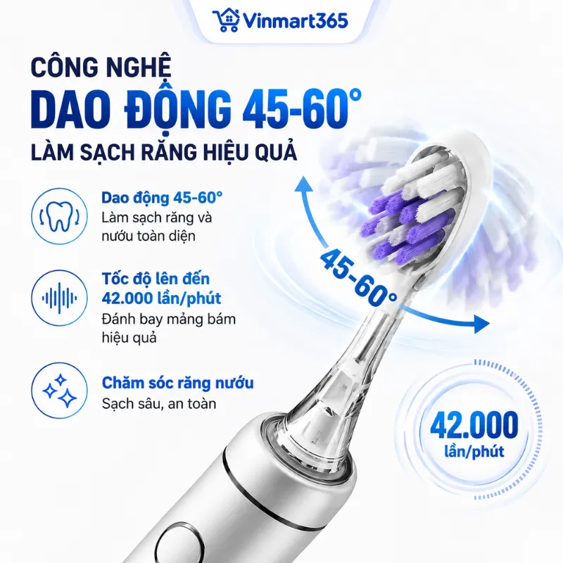 Công nghệ dao động 45-60 độ, tốc độ lên đến 42.000 lần/phút