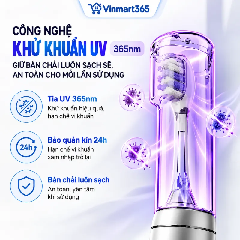 Công nghệ khử khuẩn UV 365nm, tích hợp khoang bảo vệ đầu chải