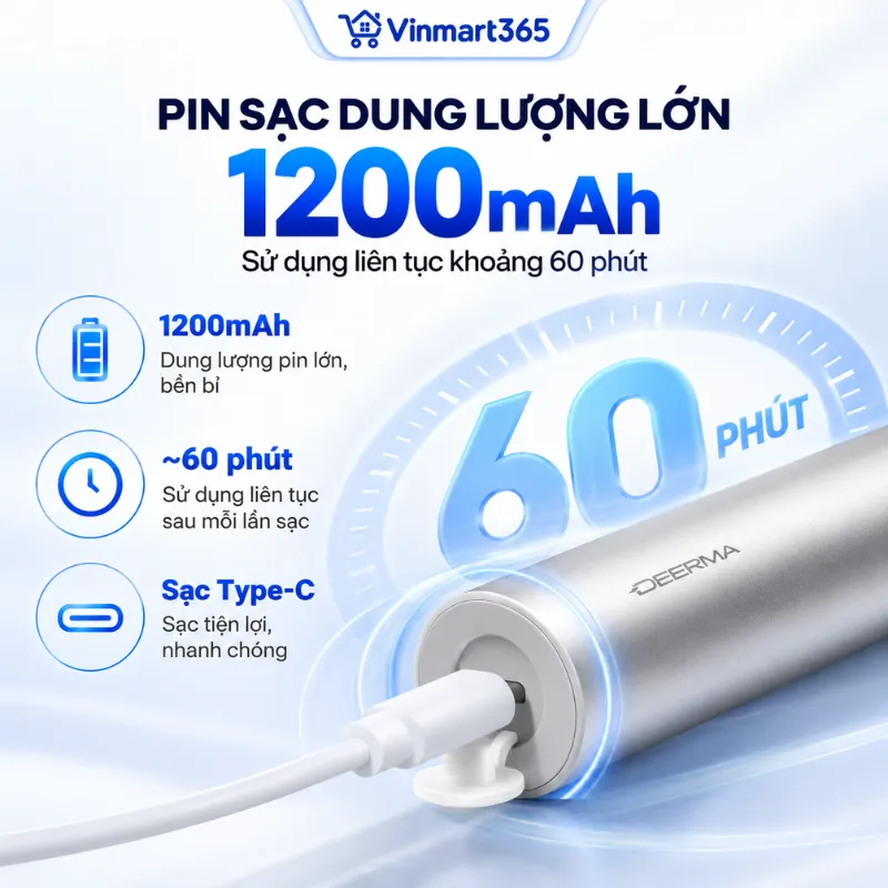 Pin sạc 1200mAh, sử dụng liên tục khoảng 60 phút
