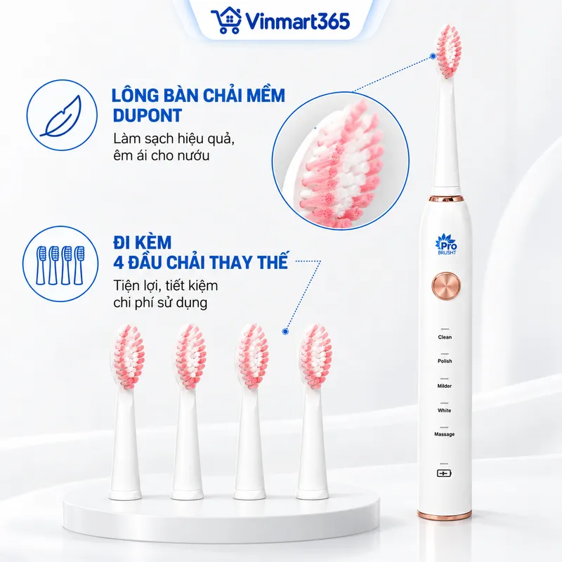 Lông bàn chải mềm Dupont, đi kèm 4 đầu chải thay thế