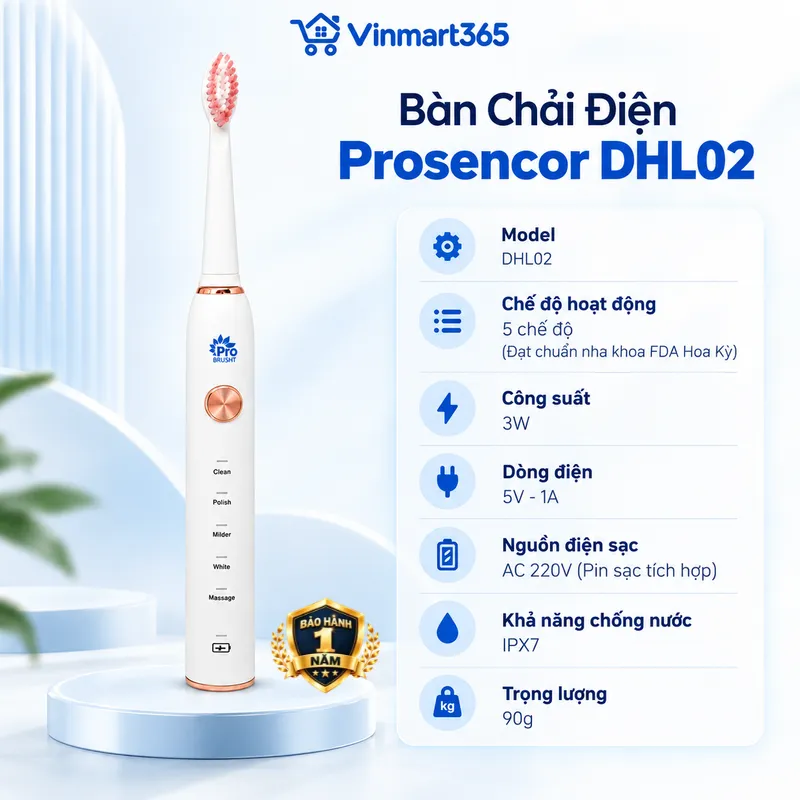 Thông số kỹ thuật sản phẩm bàn chải điện sóng siêu âm Prosencor DHL02 cao cấp