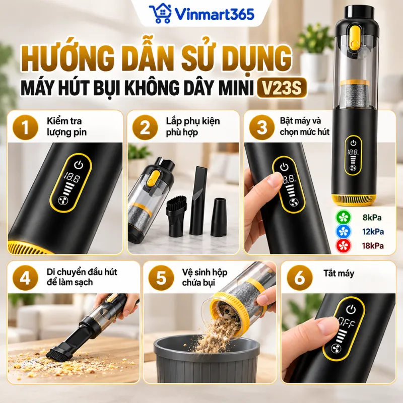 Hướng dẫn sử dụng máy hút bụi không dây Mini V23S đơn giản