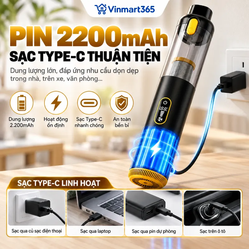 Pin 2200mAh, sạc Type-C thuận tiện