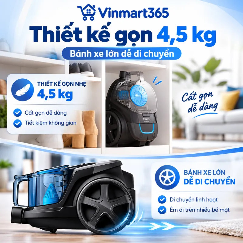 Thiết kế gọn 4,5 kg, bánh xe lớn dễ di chuyển