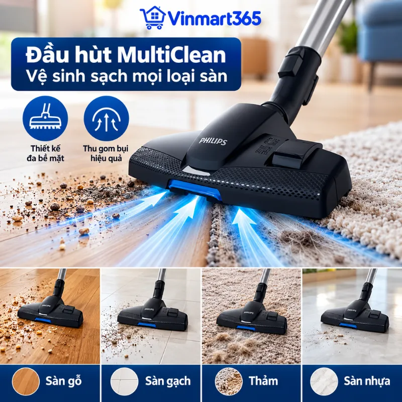 Đầu hút MultiClean áp sát mặt sàn