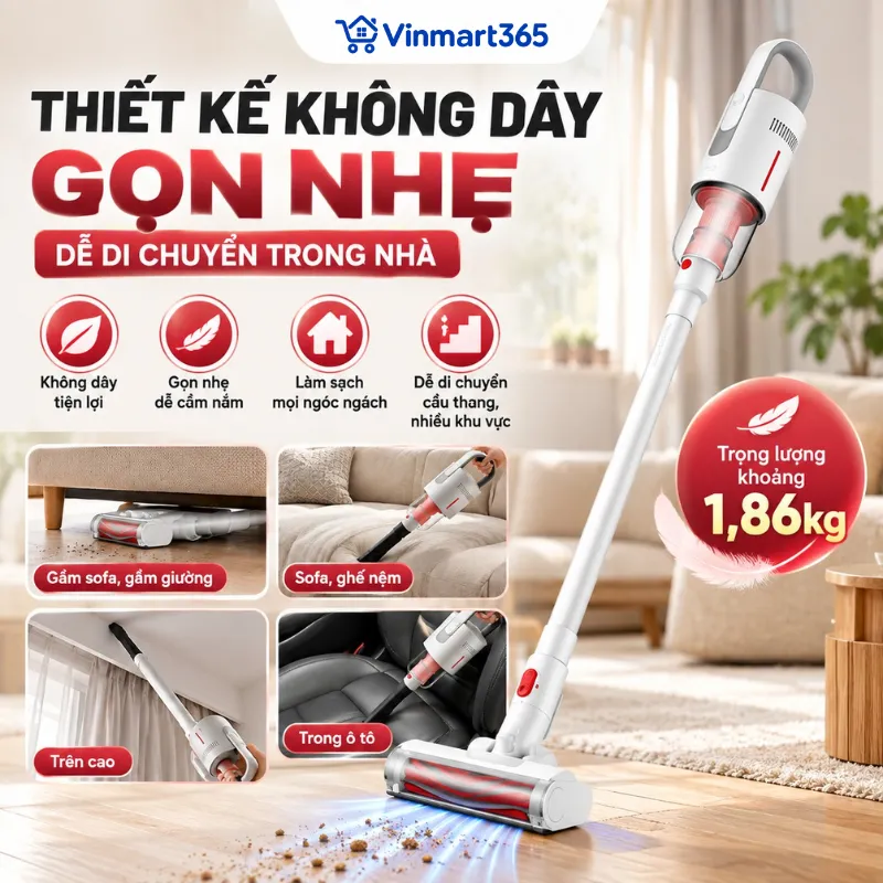 Thiết kế không dây gọn nhẹ, dễ di chuyển trong nhà