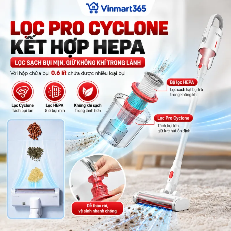 Lọc Pro Cyclone kết hợp HEPA giúp giữ bụi hiệu quả hơn