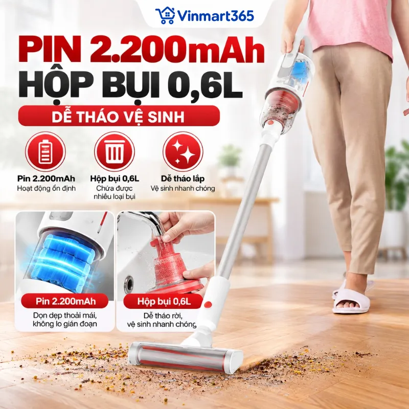 Pin 2.200mAh, hộp bụi 0,6L dễ tháo vệ sinh