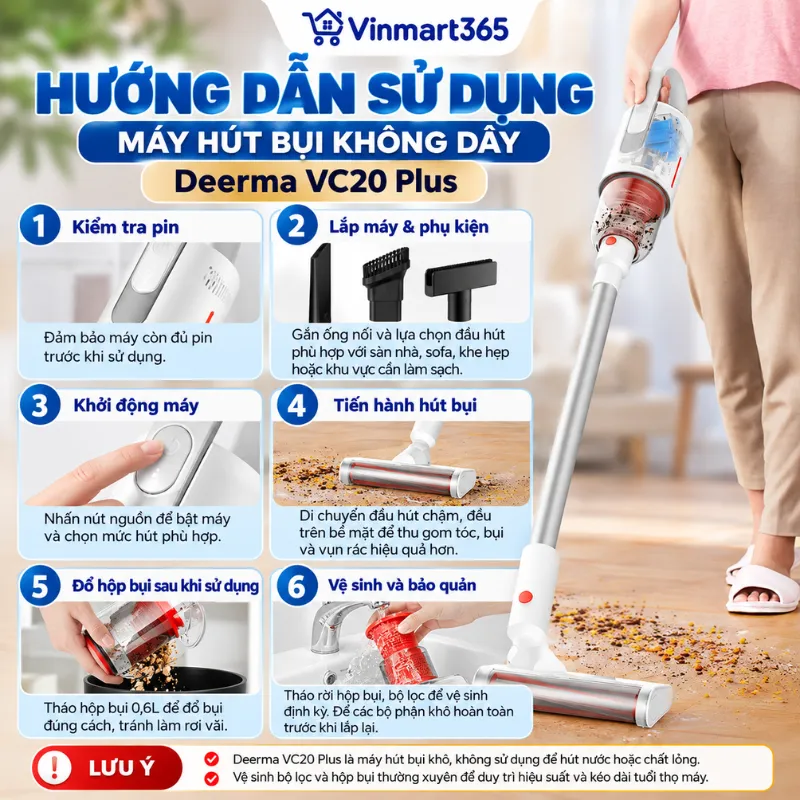 Hướng dẫn sử dụng máy hút bụi không dây Deerma VC20 Plus