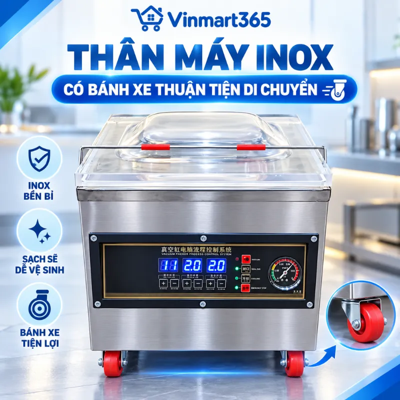 Thân máy inox, có bánh xe thuận tiện di chuyển 