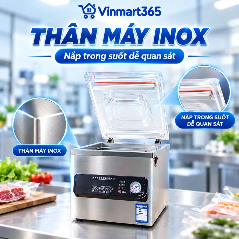 Thân máy inox, nắp trong suốt dễ quan sát