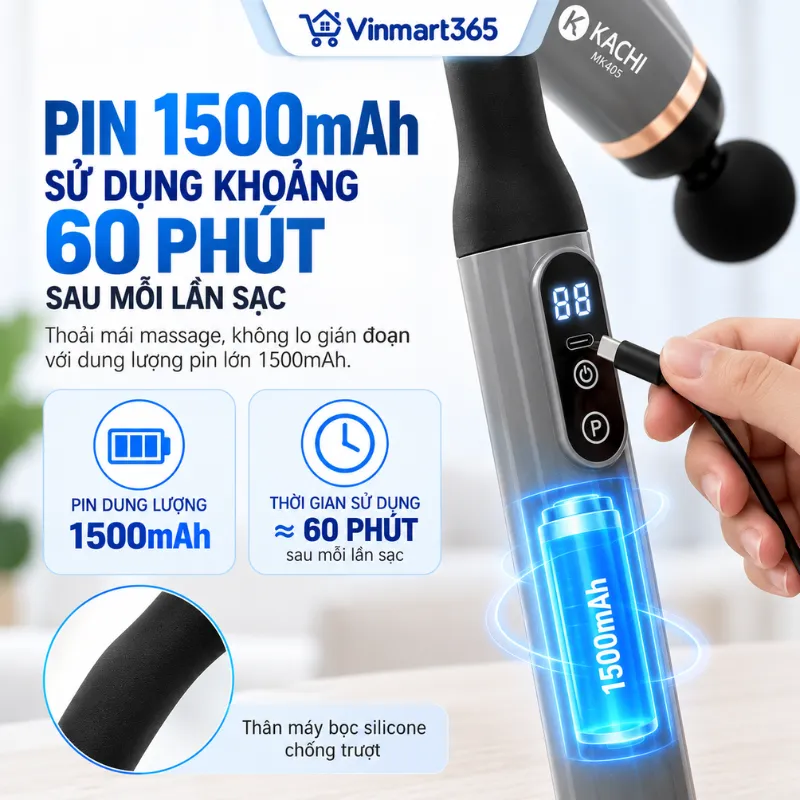 Pin 1500mAh, sử dụng khoảng 60 phút sau mỗi lần sạc