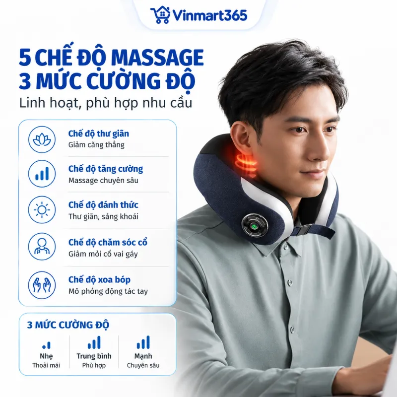 5 chế độ massage, 3 mức cường độ linh hoạt