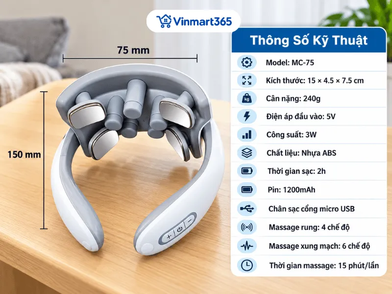 Thông số kỹ thuật máy massage cổ vai gáy Misuko MC-75 chính hãng