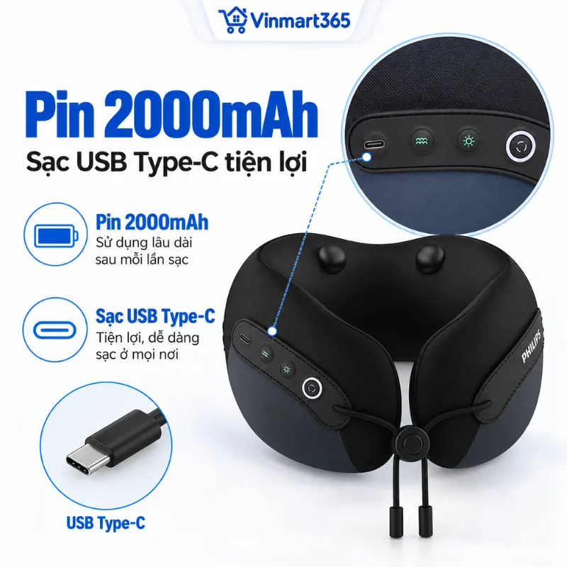 Pin 2000mAh, sạc USB Type-C tiện lợi