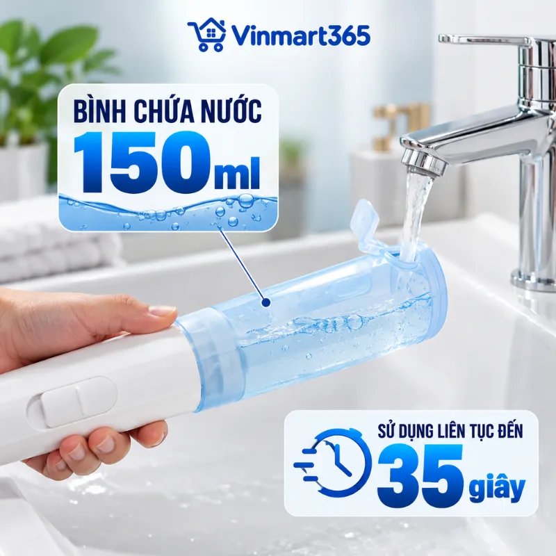 Bình chứa nước 150ml, sử dụng liên tục đến 35 giây