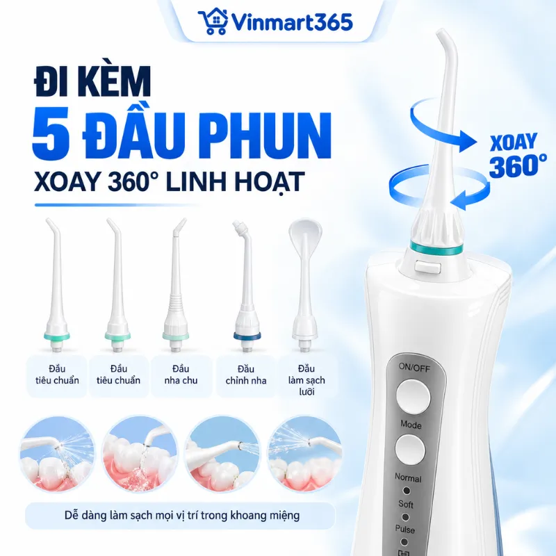 Đi kèm 5 đầu phun, xoay 360 độ linh hoạt