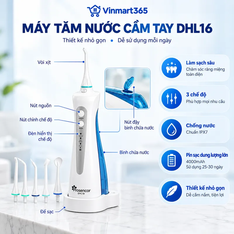 Thông tin sản phẩm máy tăm nước Prosencor DHL16 cầm tay cao cấp