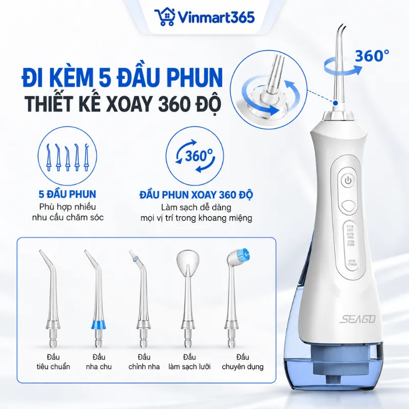 Đi kèm 5 đầu phun, thiết kế xoay 360 độ