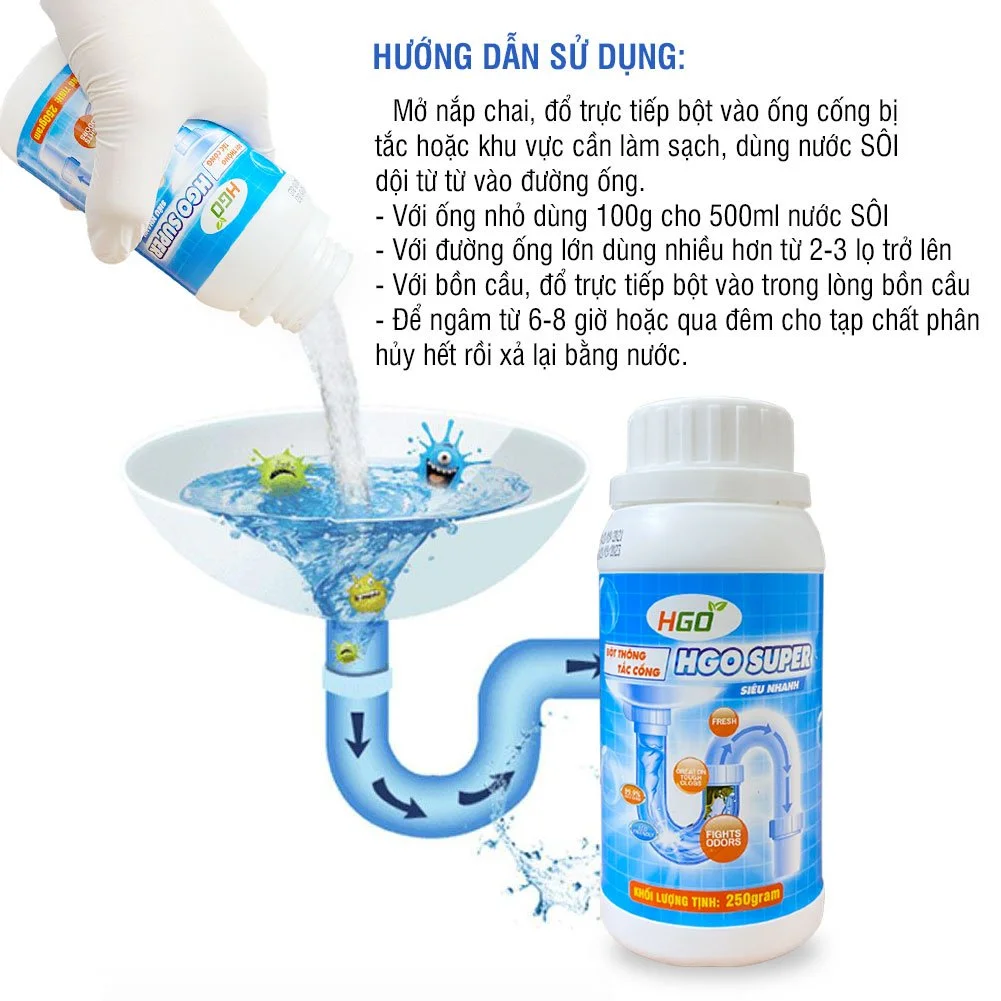 Bột siêu thông tắc đường ống, chậu rửa, bồn cầu HGO SUPER